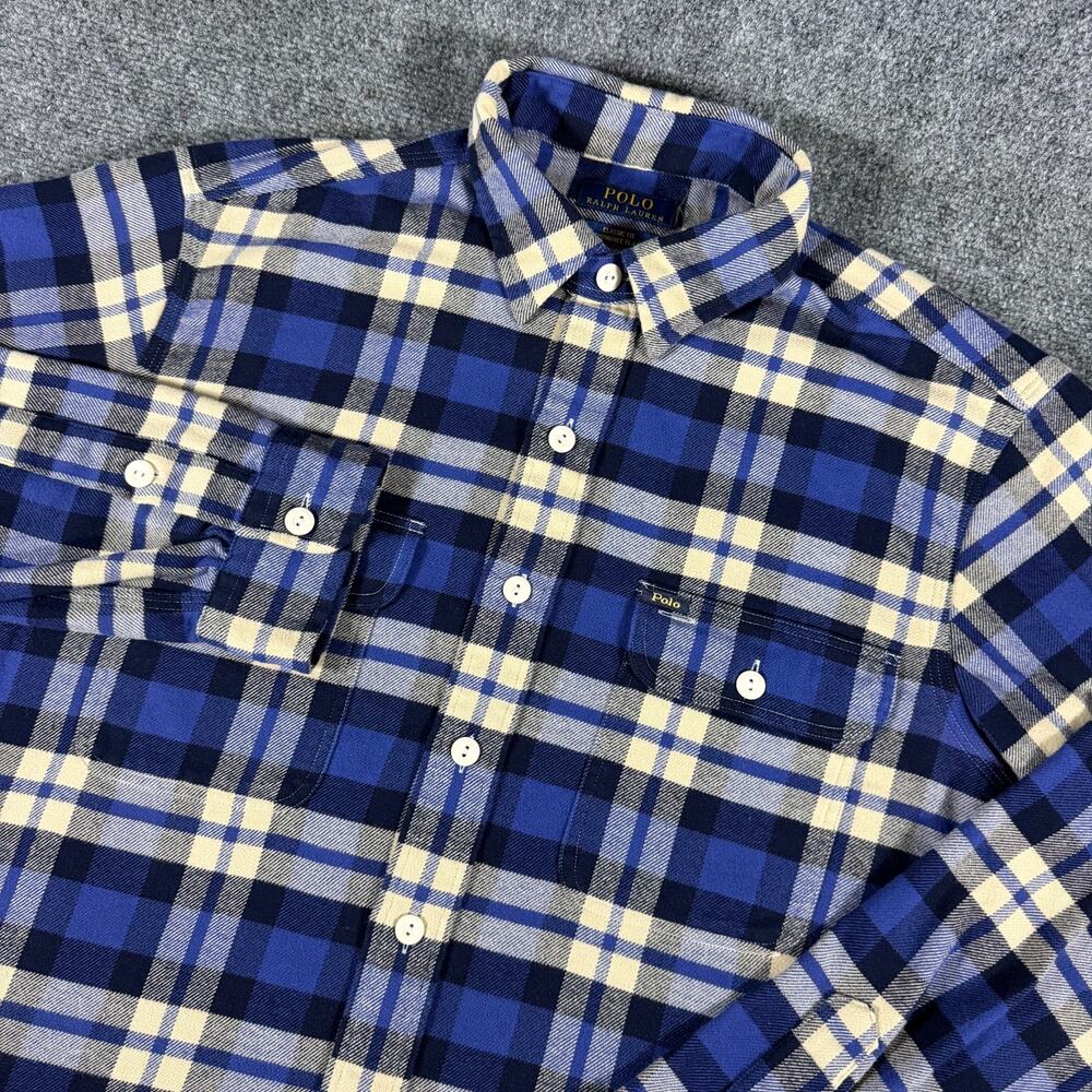 Polo Ralph Lauren Performance Flannel Shirt Mens L LS Blue Plaid Classic Fit